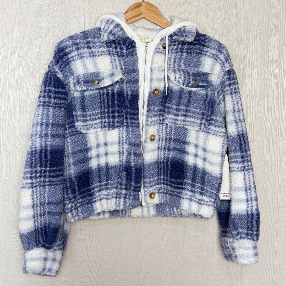 Madden Girl Kids Blue White Plaid Sherpa Hooded Fleece Jacket Size Medium New